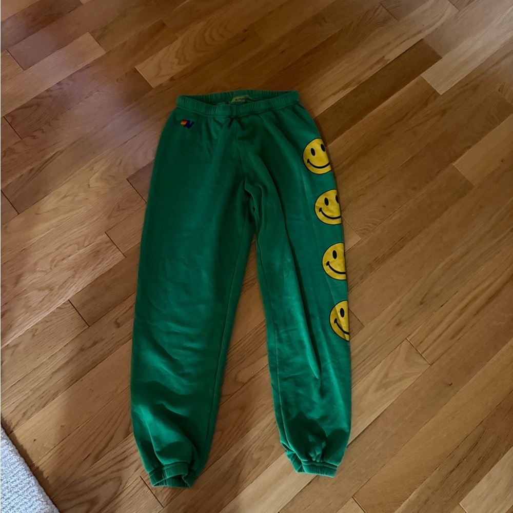 Aviator Nation Green and Yellow Track Pants with Smiley Faces